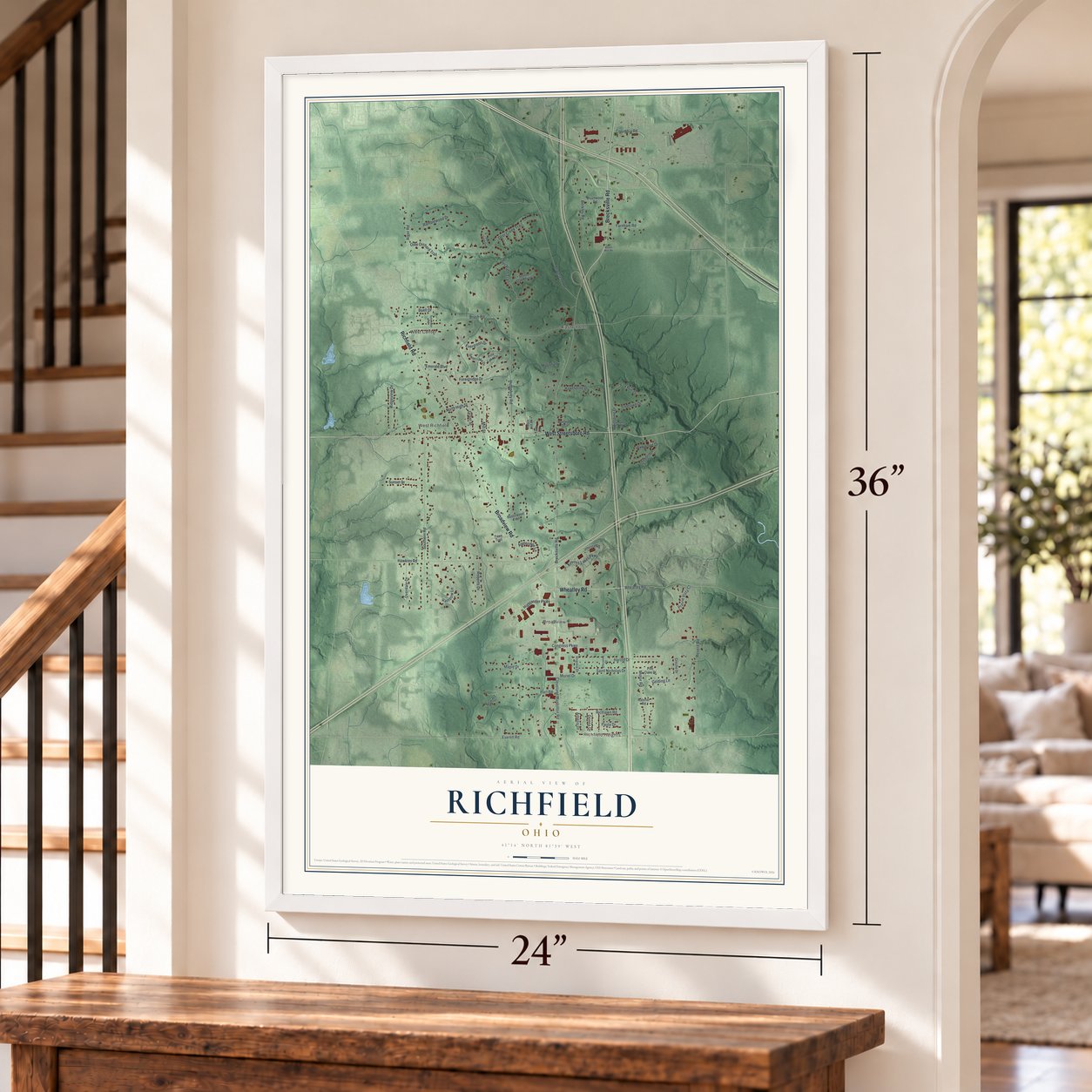 Richfield, Ohio map, 24 x 36 inch print in a white frame by a staircase