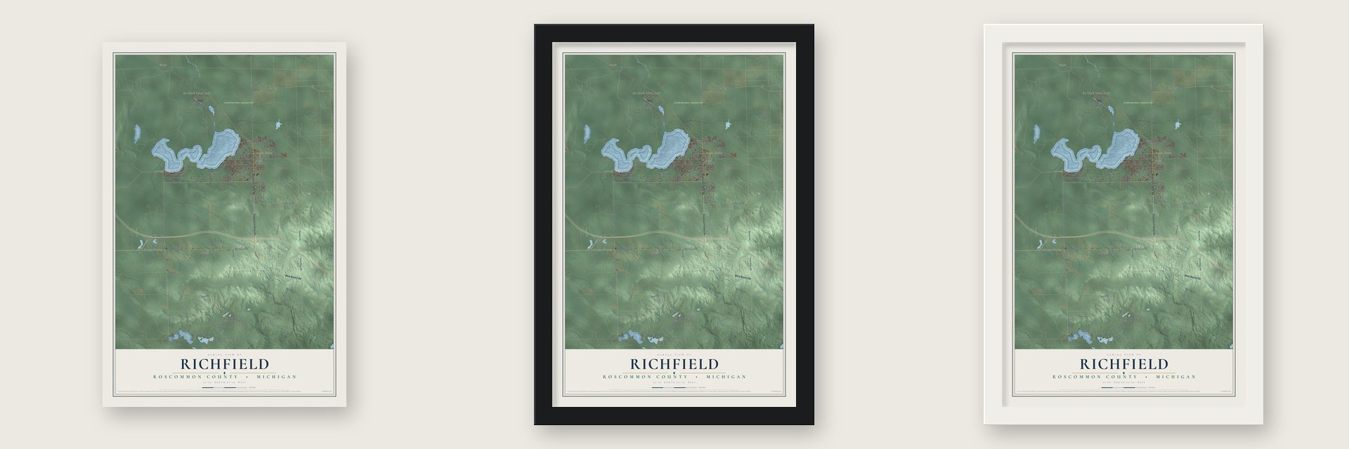 Richfield, Roscommon County, Michigan map unframed, in a black wood frame and in a white wood frame