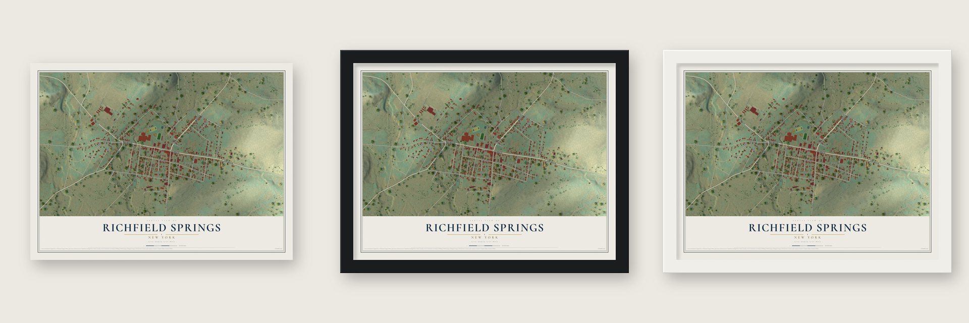 Richfield Springs, New York map unframed, in a black wood frame and in a white wood frame