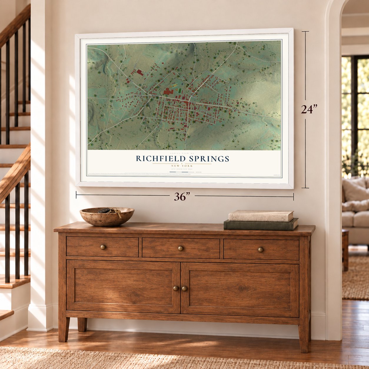 Richfield Springs, New York map, 24 x 36 inch print in a white frame above a dresser by a staircase