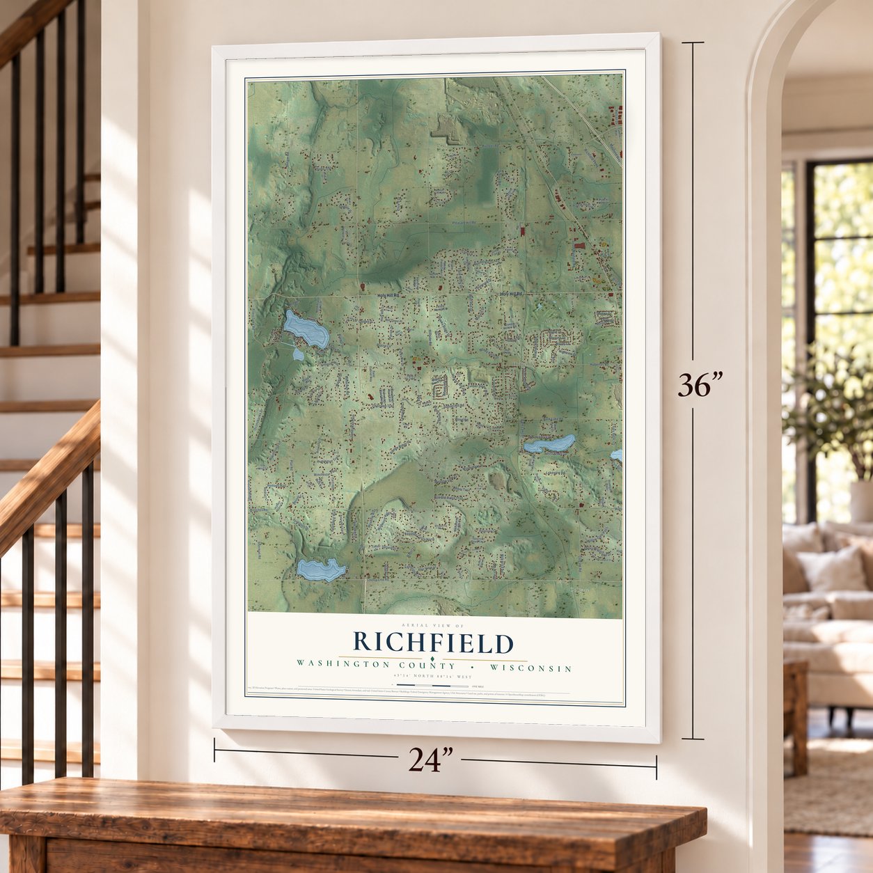Richfield, Washington County, Wisconsin map, 24 x 36 inch print in a white frame by a staircase
