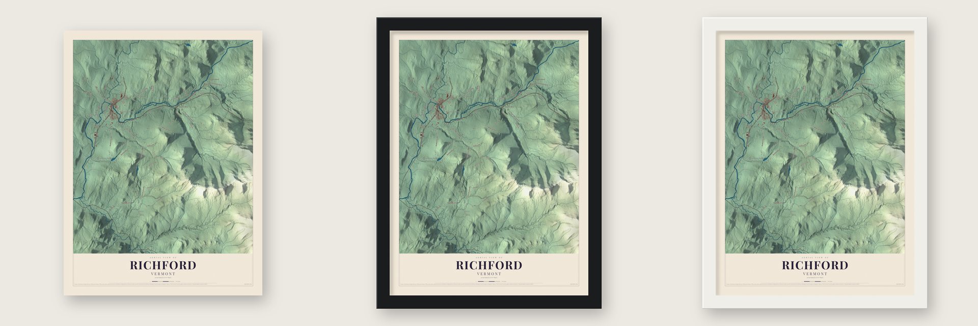 Richford, Vermont map unframed, in a black wood frame and in a white wood frame