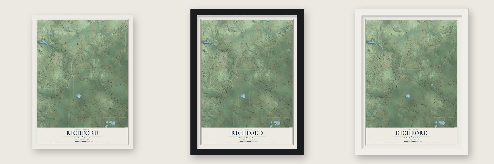 Richford, Wisconsin map unframed, in a black wood frame and in a white wood frame
