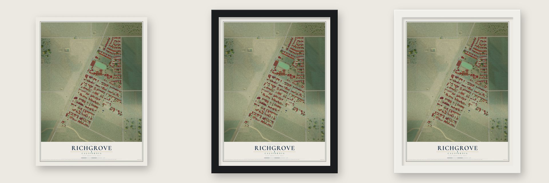 Richgrove, California map unframed, in a black wood frame and in a white wood frame
