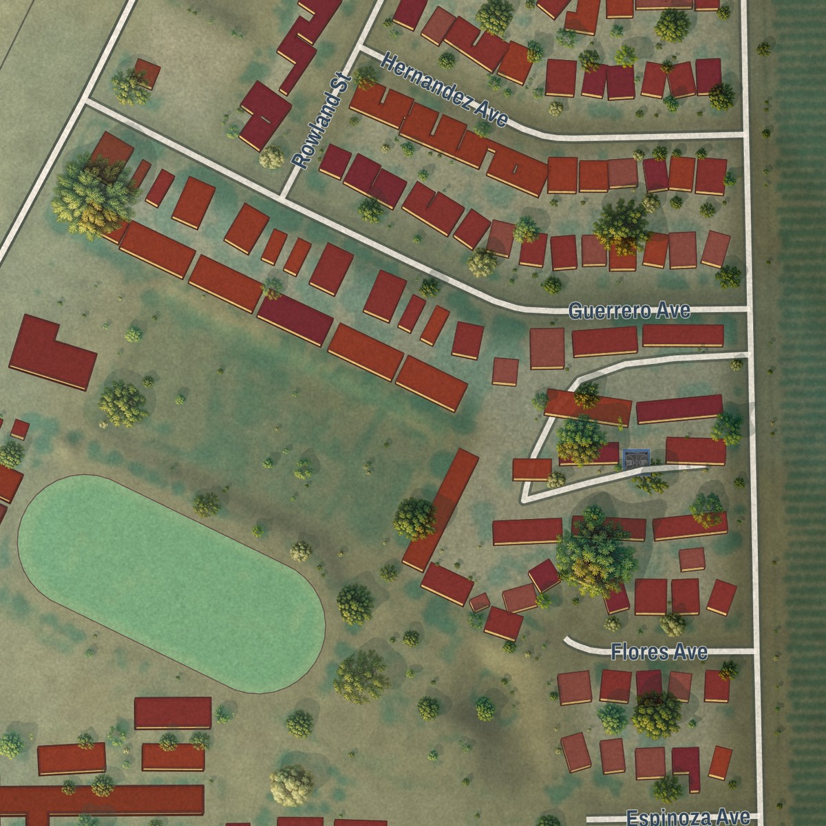 Second close-up of the map of Richgrove, California print showing more streets and buildings