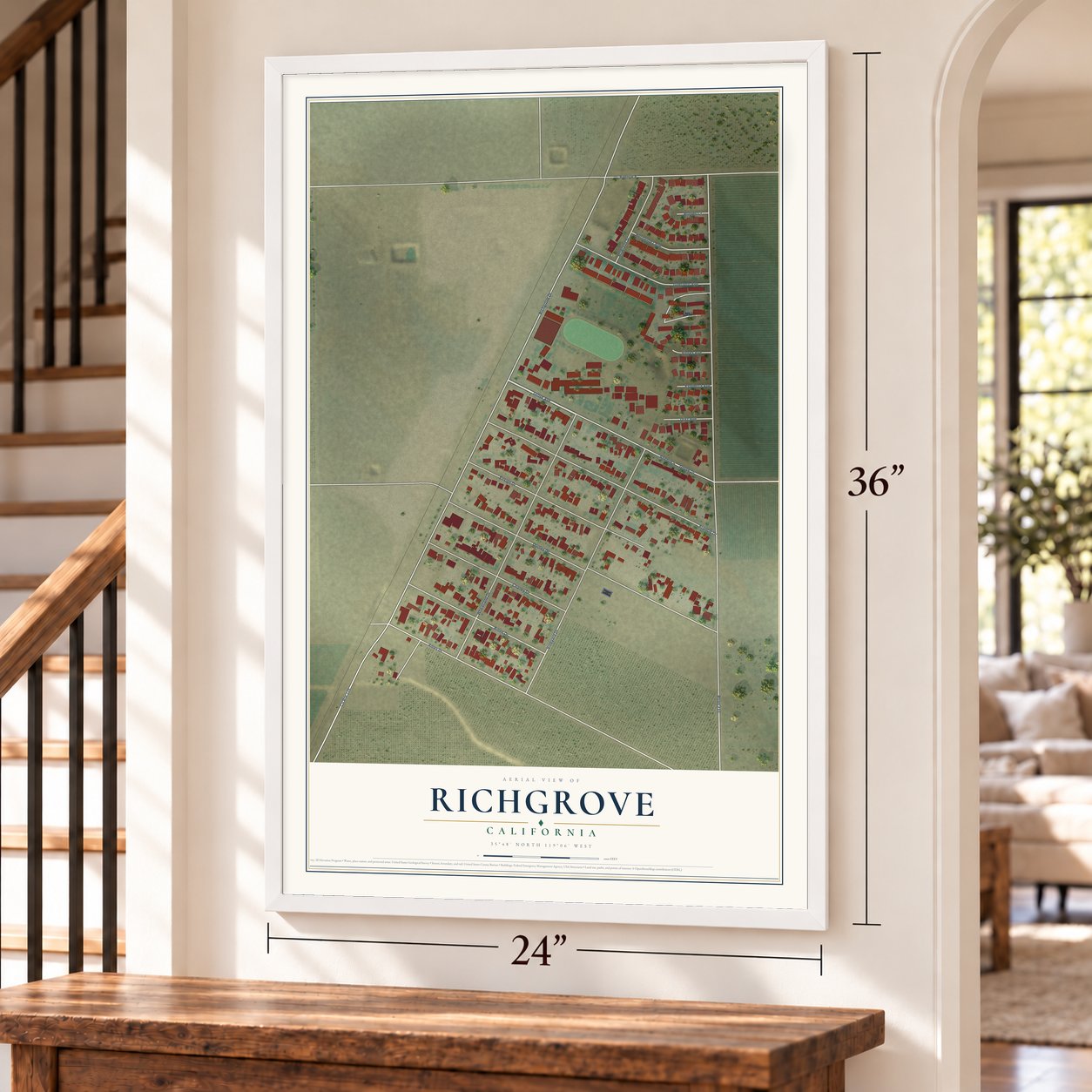 Richgrove, California map, 24 x 36 inch print in a white frame by a staircase