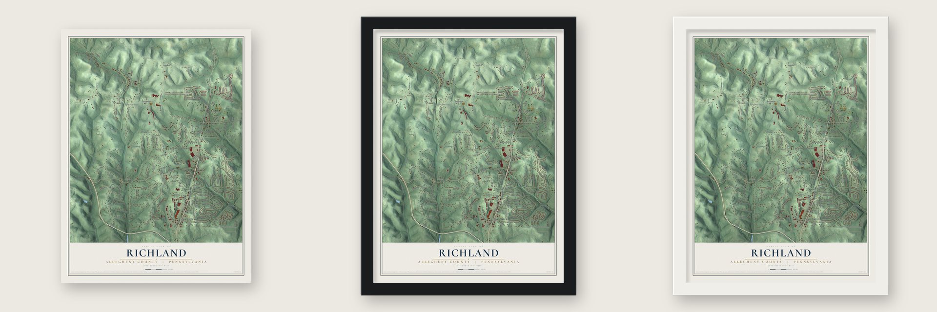 Richland, Allegheny County, Pennsylvania map unframed, in a black wood frame and in a white wood frame