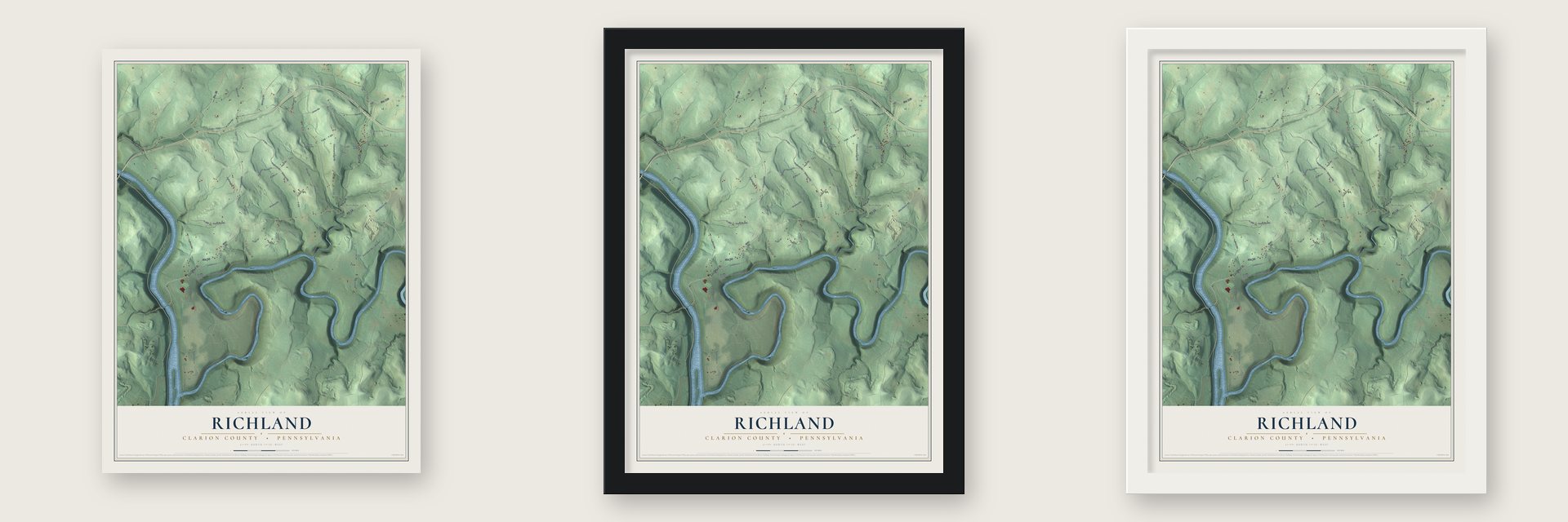 Richland, Clarion County, Pennsylvania map unframed, in a black wood frame and in a white wood frame