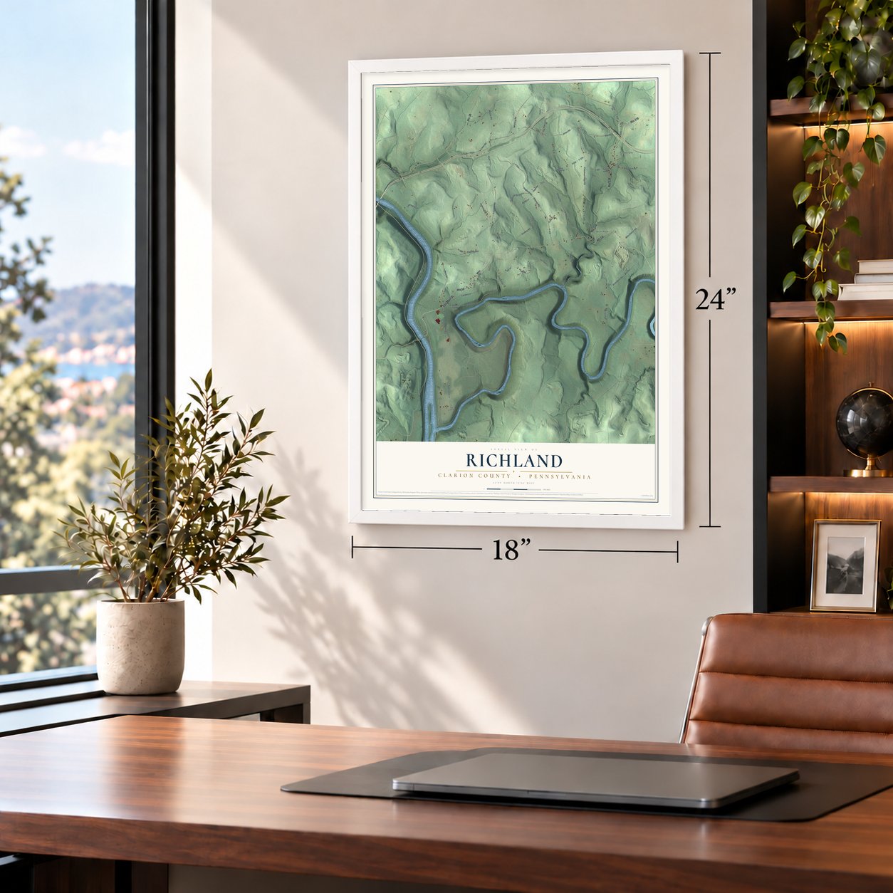 Richland, Clarion County, Pennsylvania map, 18 x 24 inch print in a white frame in a home office