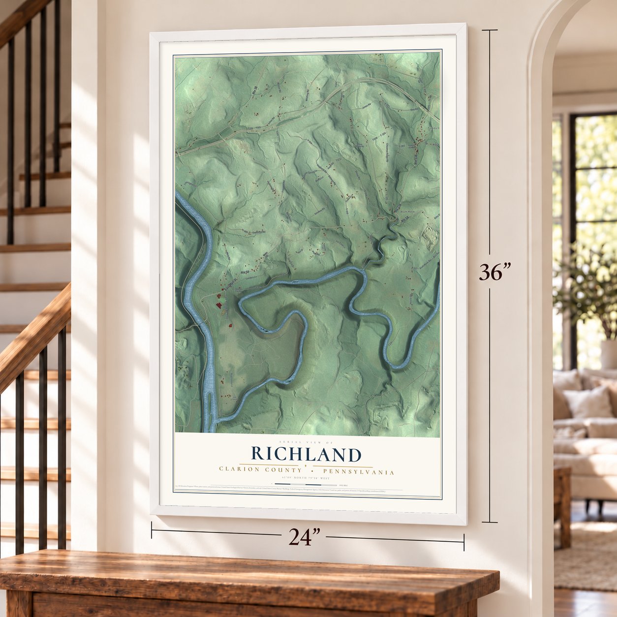 Richland, Clarion County, Pennsylvania map, 24 x 36 inch print in a white frame by a staircase