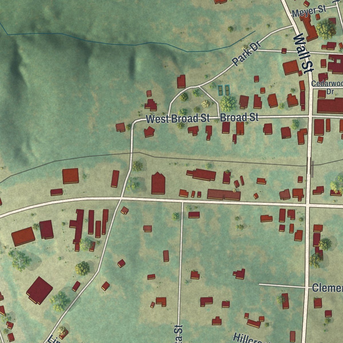 Second close-up of the map of Richland, Georgia print showing more streets and buildings