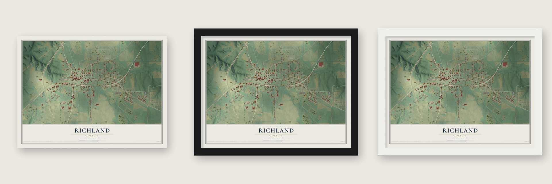 Richland, Georgia map unframed, in a black wood frame and in a white wood frame