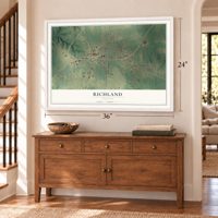 Richland, Georgia map, 24 x 36 inch print in a white frame above a dresser by a staircase
