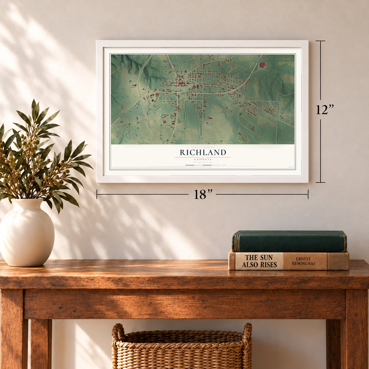 Richland, Georgia map, 12 x 18 inch print in a white frame in an entryway