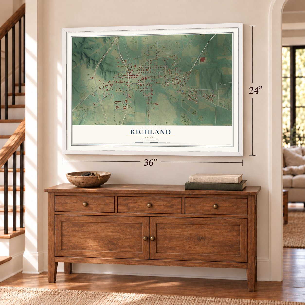 Richland, Georgia map, 24 x 36 inch print in a white frame above a dresser by a staircase