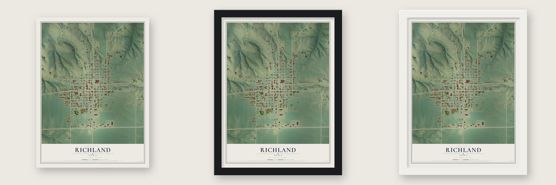 Richland, Iowa map unframed, in a black wood frame and in a white wood frame