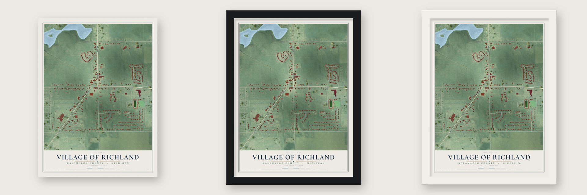 Richland, Michigan map unframed, in a black wood frame and in a white wood frame