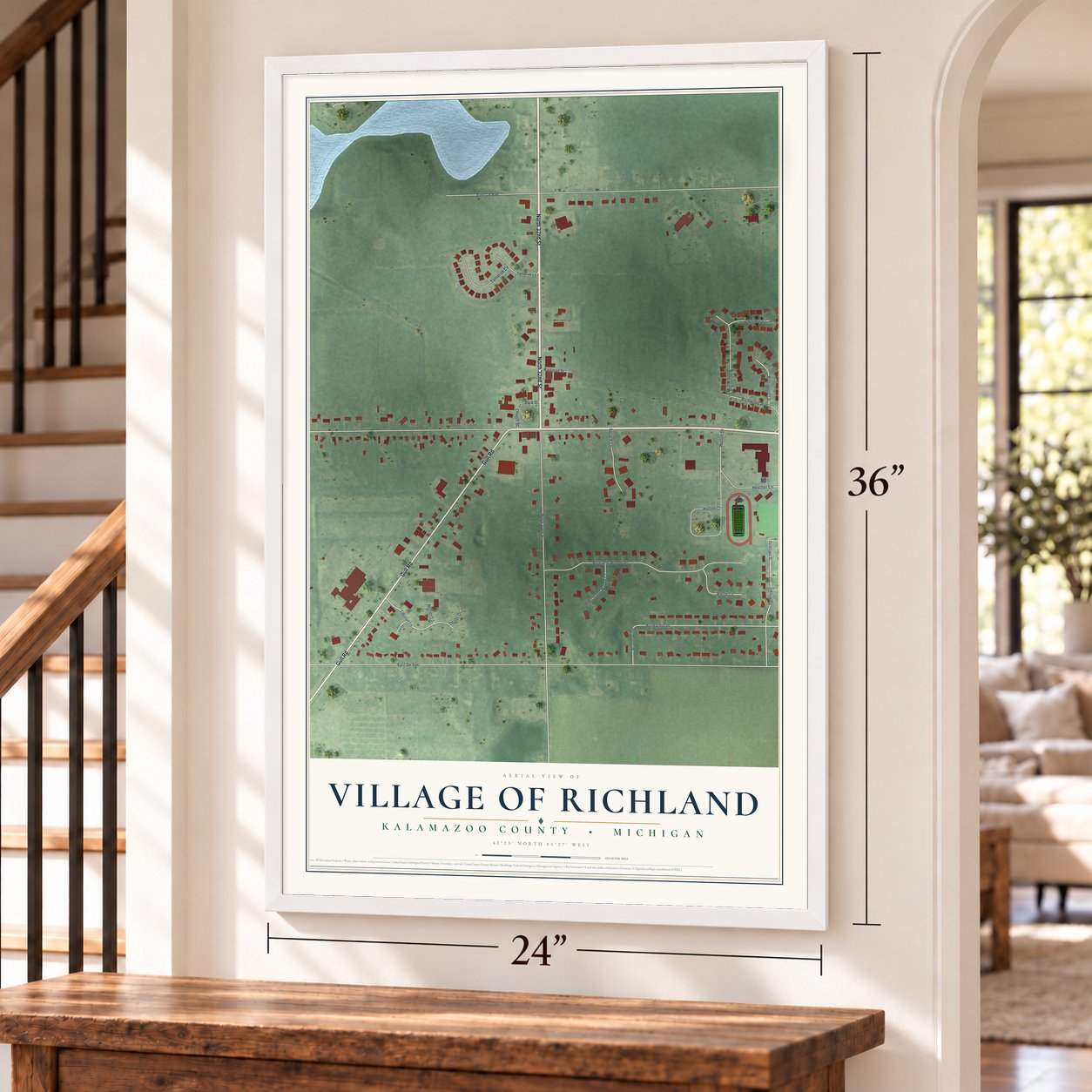 Richland, Michigan map, 24 x 36 inch print in a white frame by a staircase