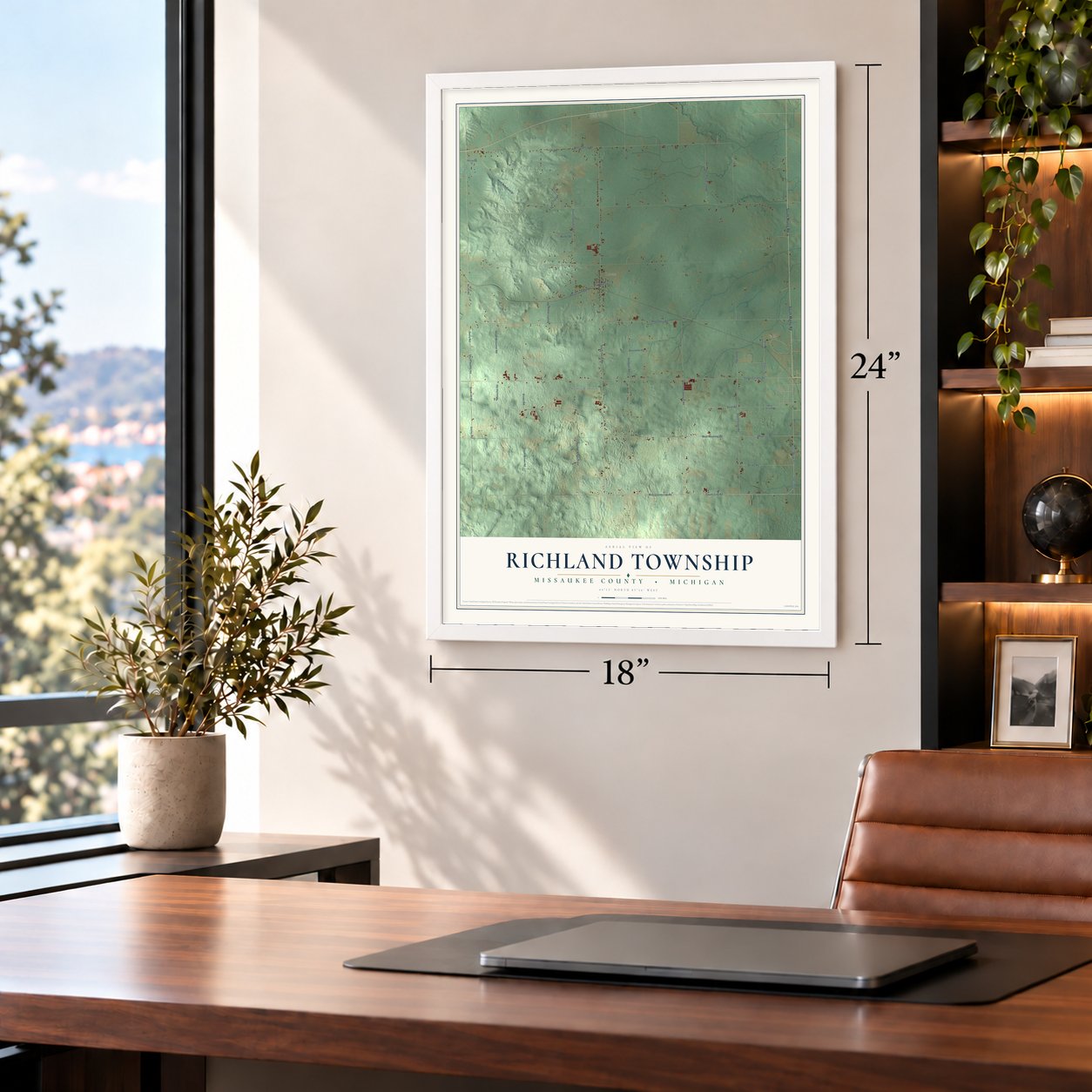 Richland Township, Missaukee County, Michigan map, 18 x 24 inch print in a white frame in a home office