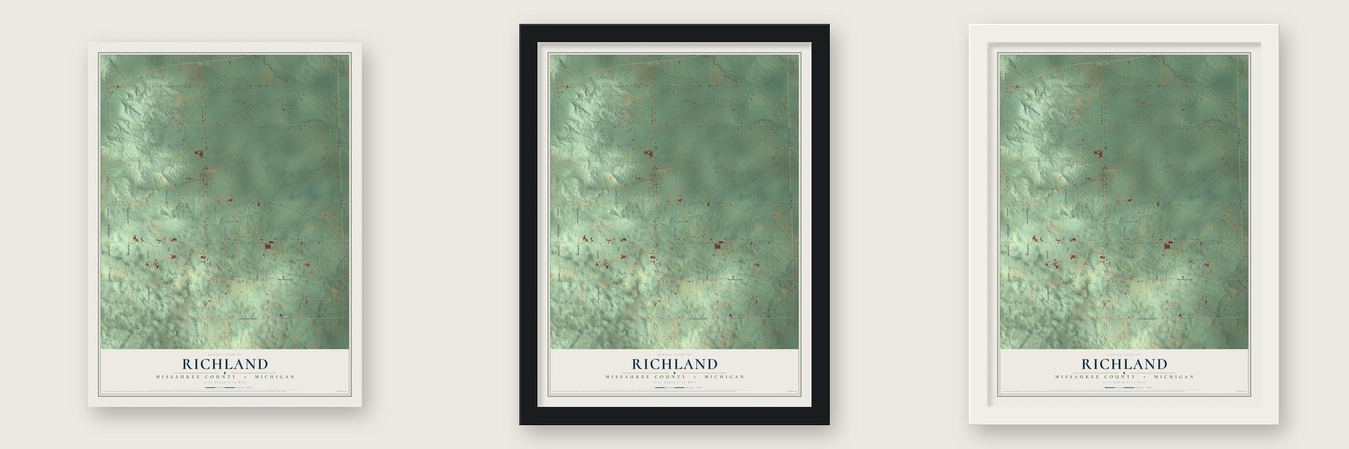 Richland, Missaukee County, Michigan map unframed, in a black wood frame and in a white wood frame