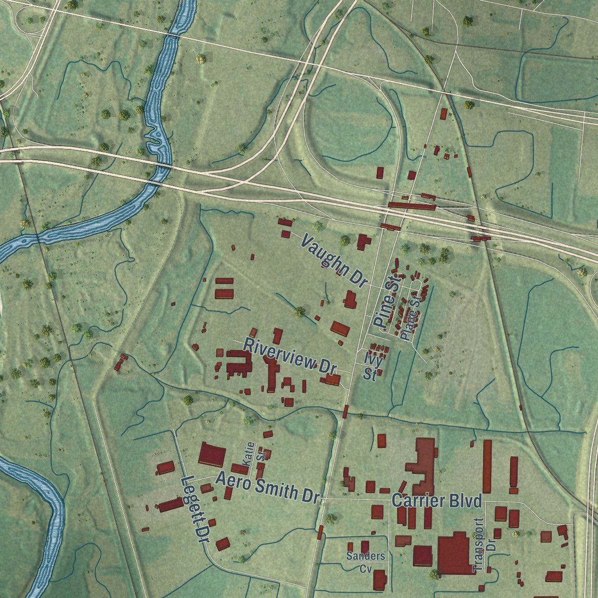Second close-up of the map of Richland, Mississippi print showing more streets and buildings