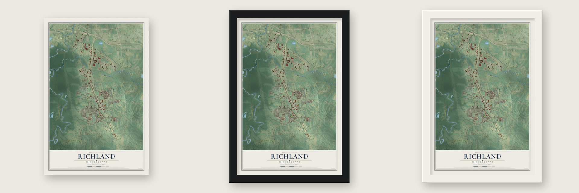 Richland, Mississippi map unframed, in a black wood frame and in a white wood frame