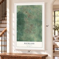 Richland, Mississippi map, 24 x 36 inch print in a white frame by a staircase