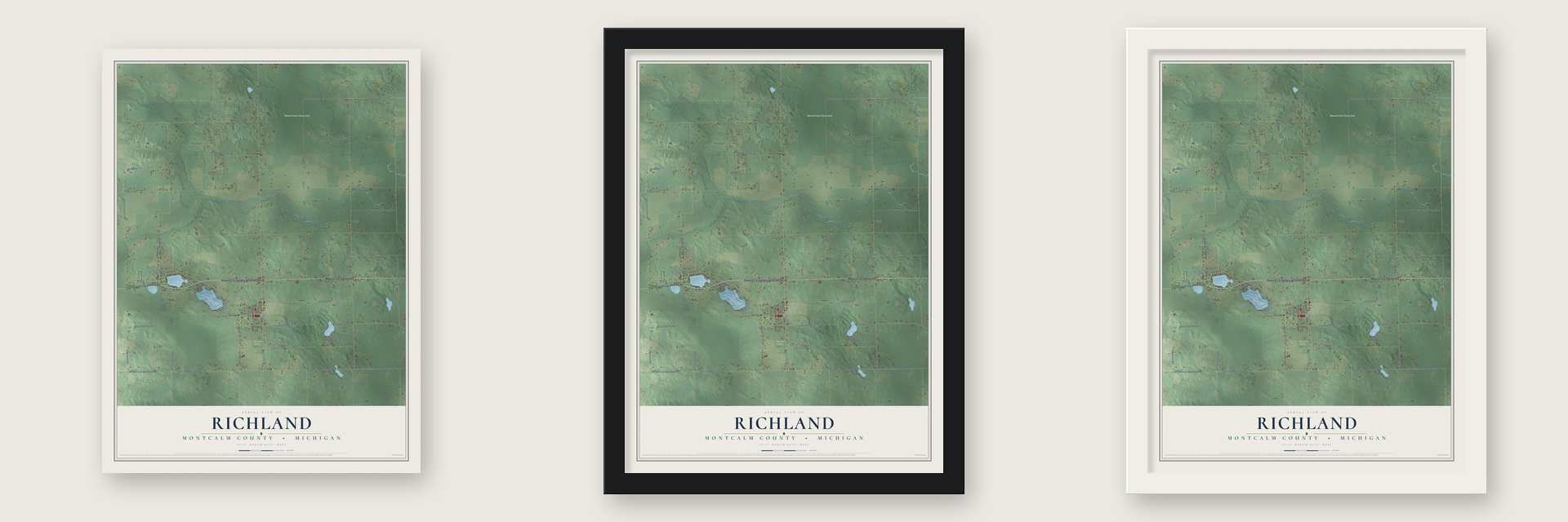 Richland, Montcalm County, Michigan map unframed, in a black wood frame and in a white wood frame