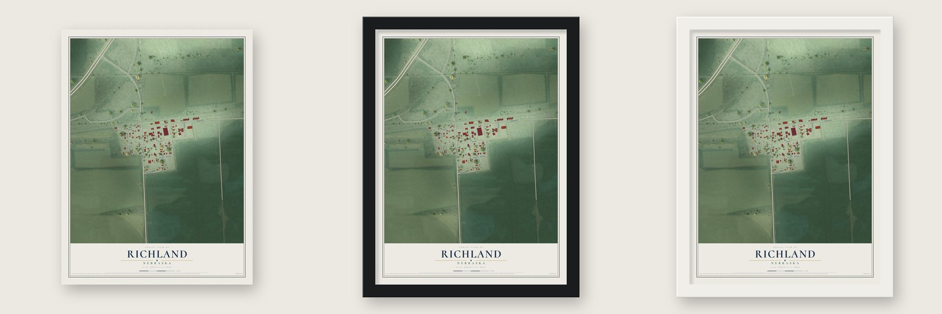 Richland, Nebraska map unframed, in a black wood frame and in a white wood frame