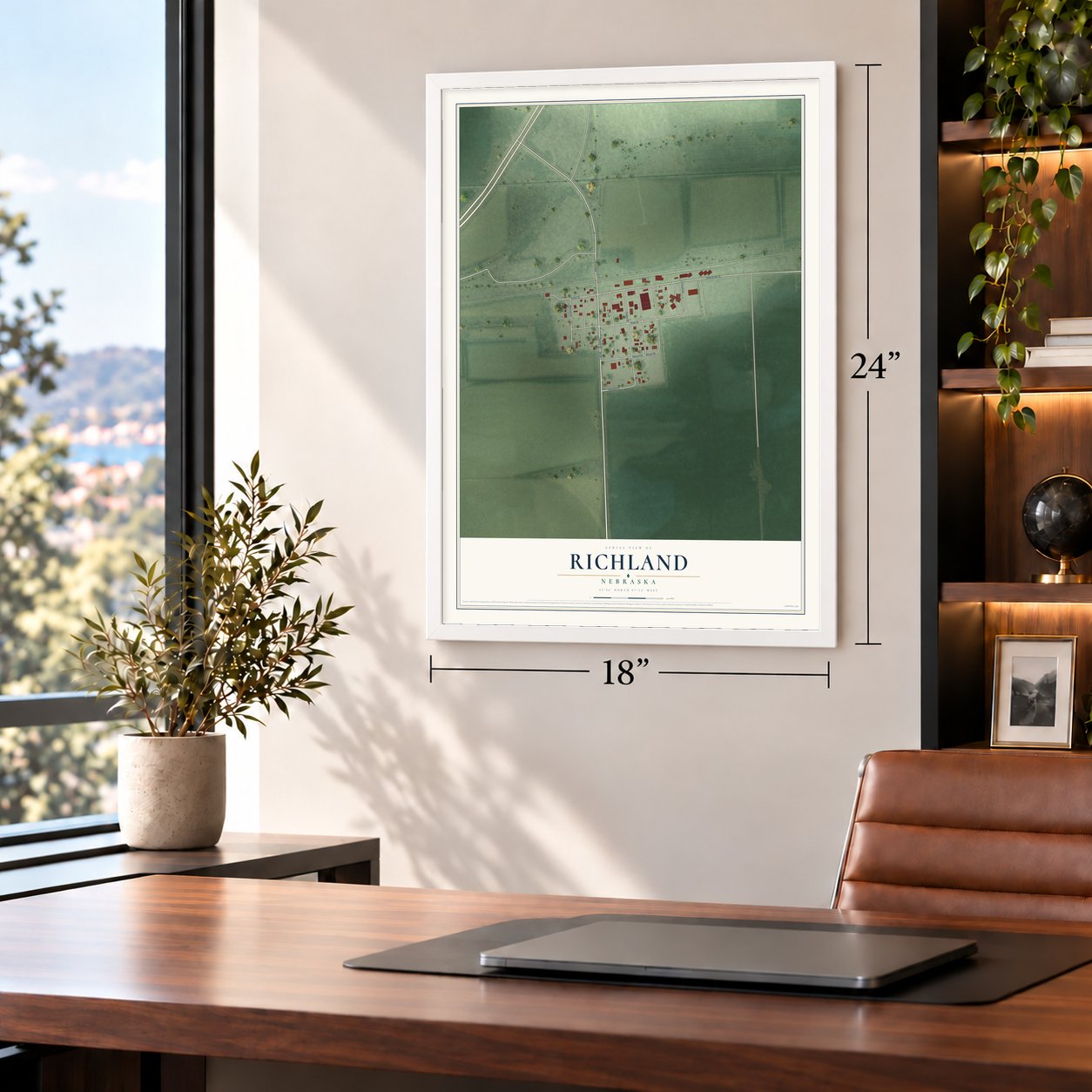 Richland, Nebraska map, 18 x 24 inch print in a white frame in a home office