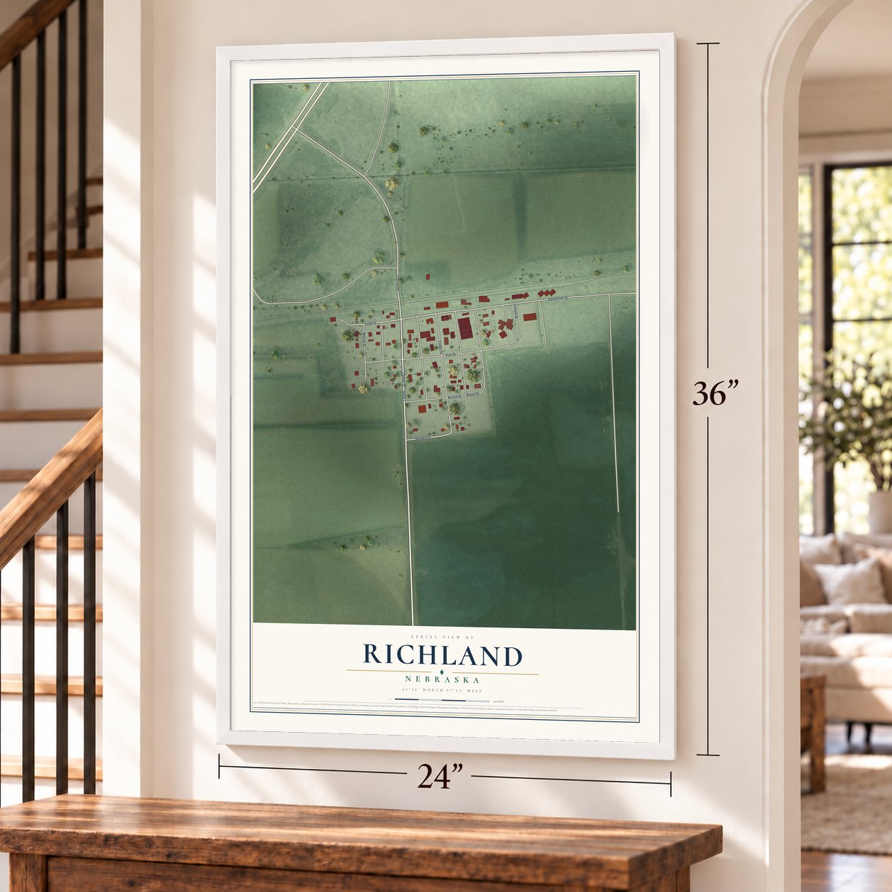 Richland, Nebraska map, 24 x 36 inch print in a white frame by a staircase