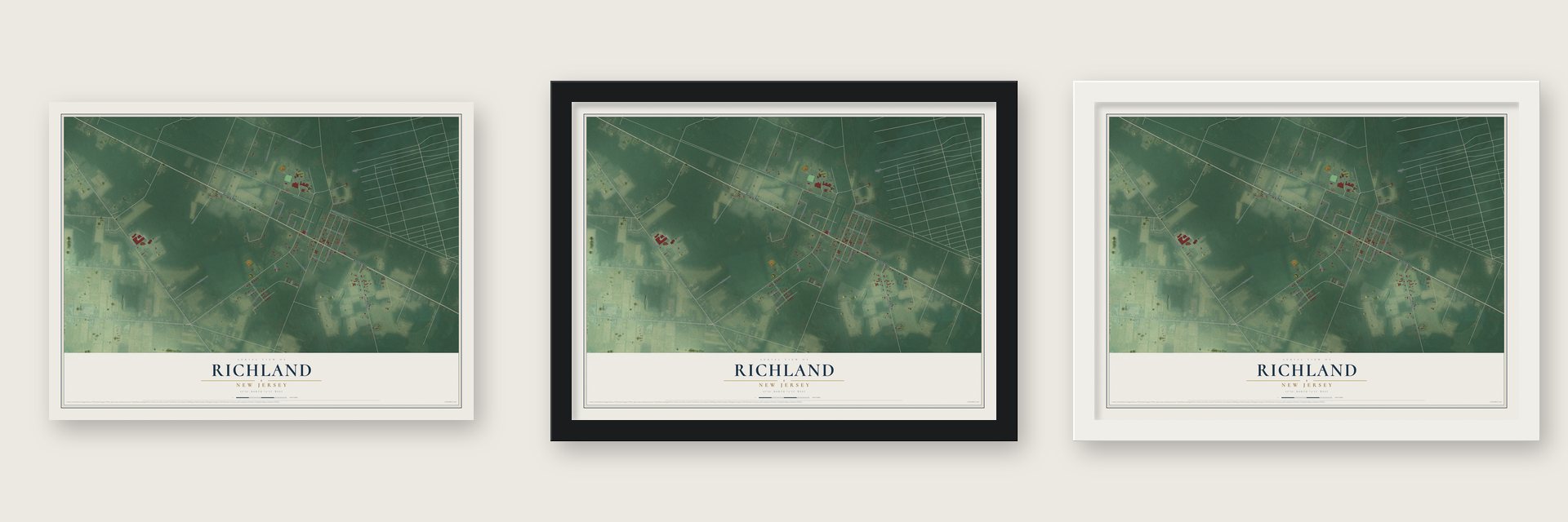 Richland, New Jersey map unframed, in a black wood frame and in a white wood frame