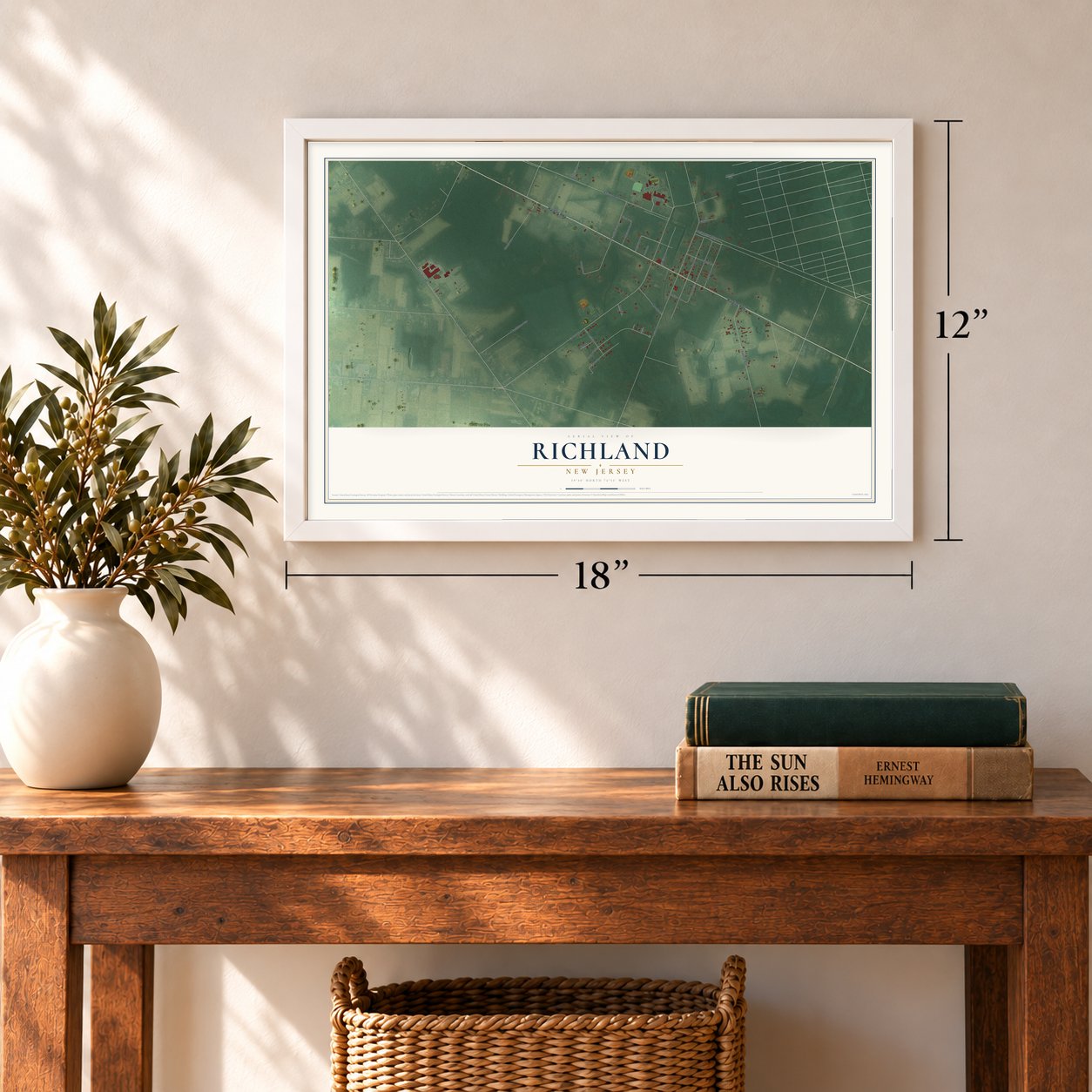 Richland, New Jersey map, 12 x 18 inch print in a white frame in an entryway