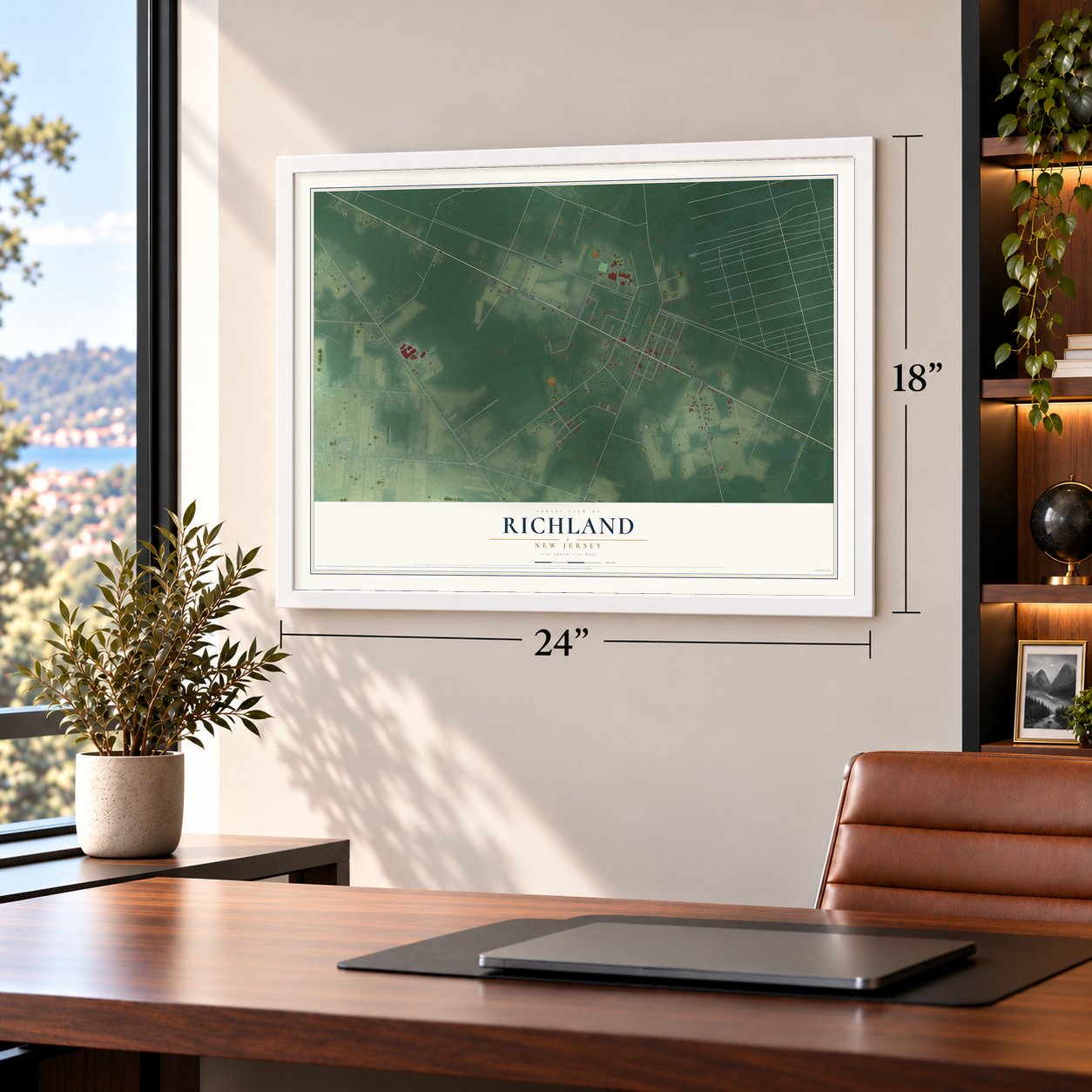 Richland, New Jersey map, 18 x 24 inch print in a white frame in a home office