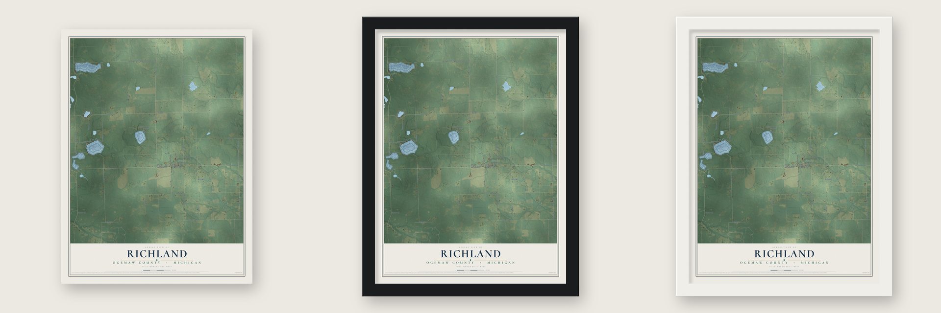 Richland, Ogemaw County, Michigan map unframed, in a black wood frame and in a white wood frame