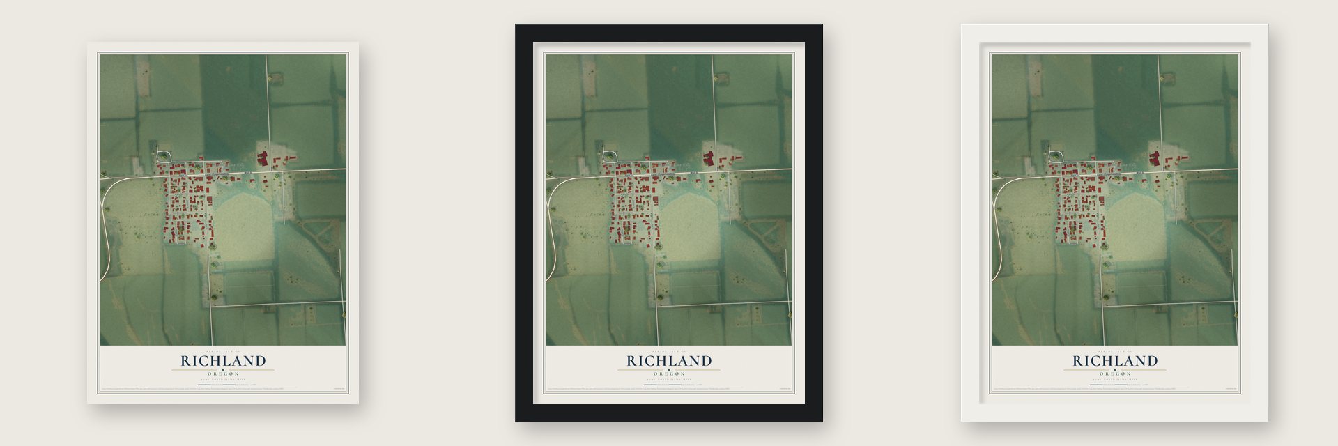 Richland, Oregon map unframed, in a black wood frame and in a white wood frame
