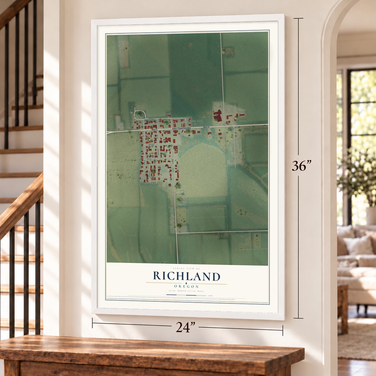 Richland, Oregon map, 24 x 36 inch print in a white frame by a staircase