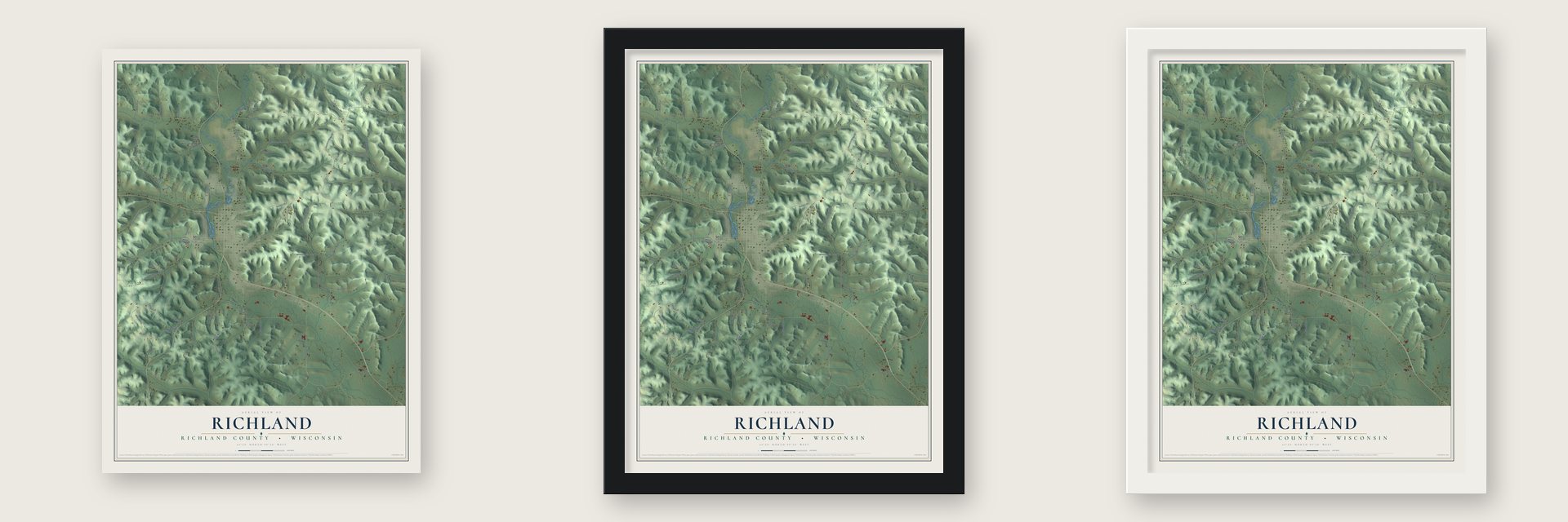 Richland, Richland County, Wisconsin map unframed, in a black wood frame and in a white wood frame