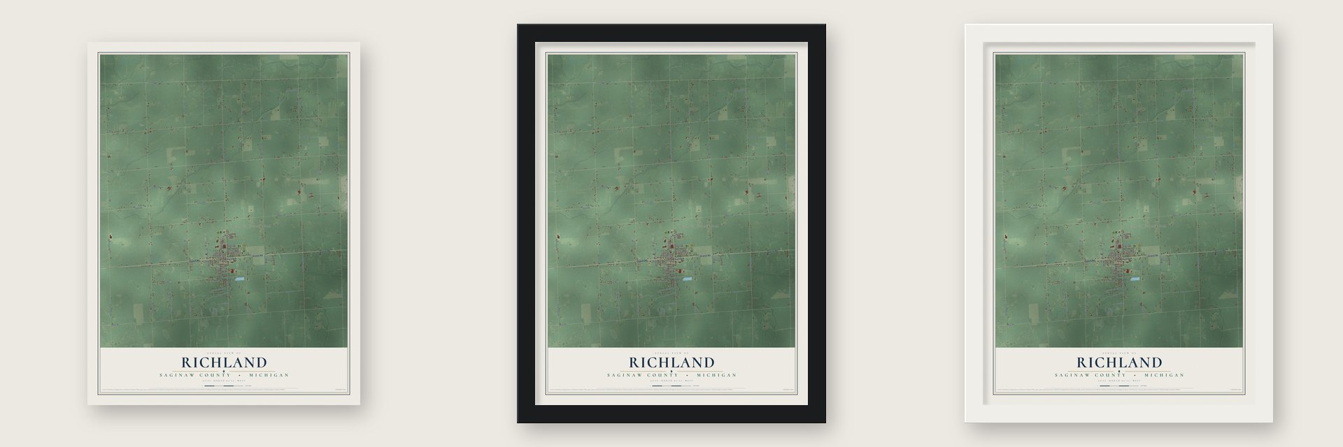 Richland, Saginaw County, Michigan map unframed, in a black wood frame and in a white wood frame