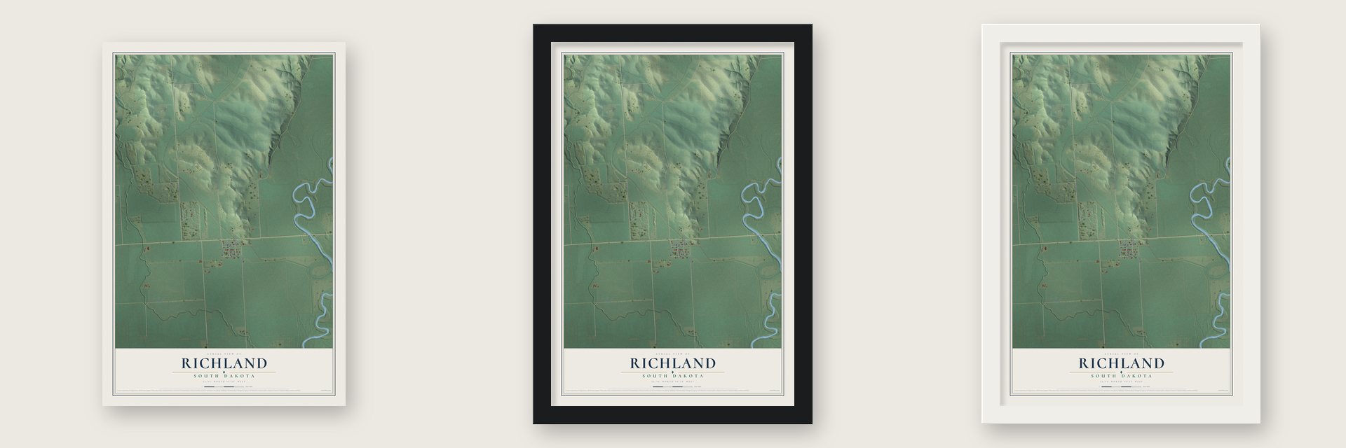 Richland, South Dakota map unframed, in a black wood frame and in a white wood frame
