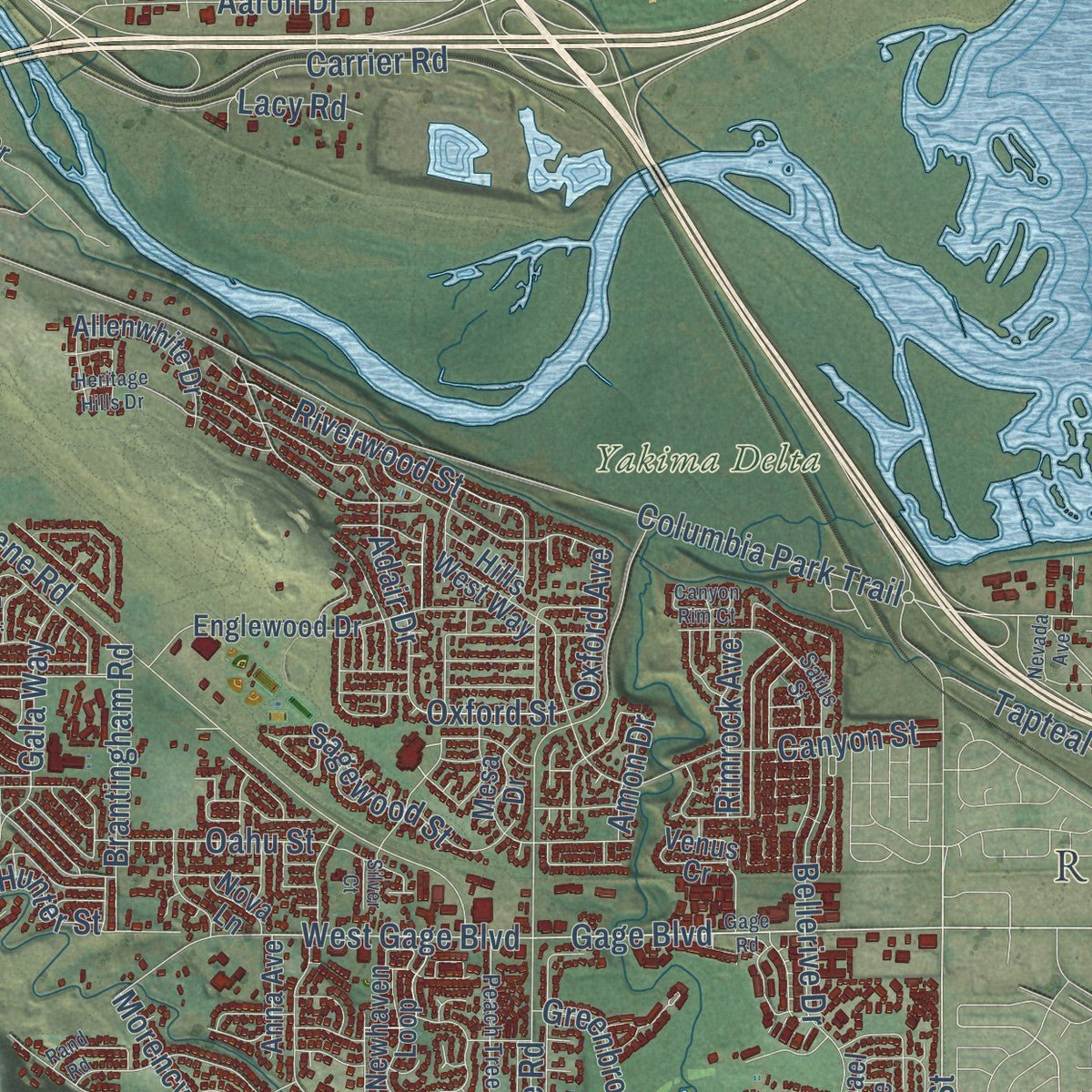 Second close-up of the map of Richland, Washington print showing more streets and buildings