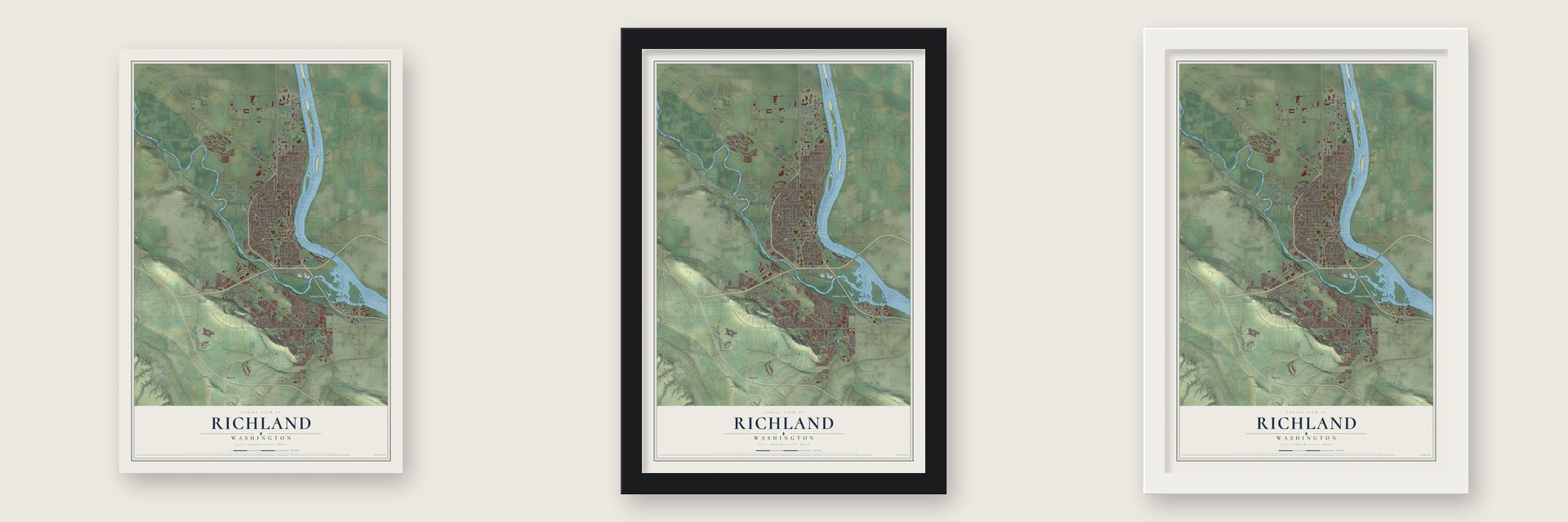 Richland, Washington map unframed, in a black wood frame and in a white wood frame