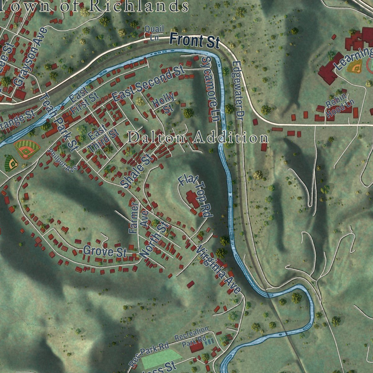 Second close-up of the map of Richlands, Virginia print showing more streets and buildings