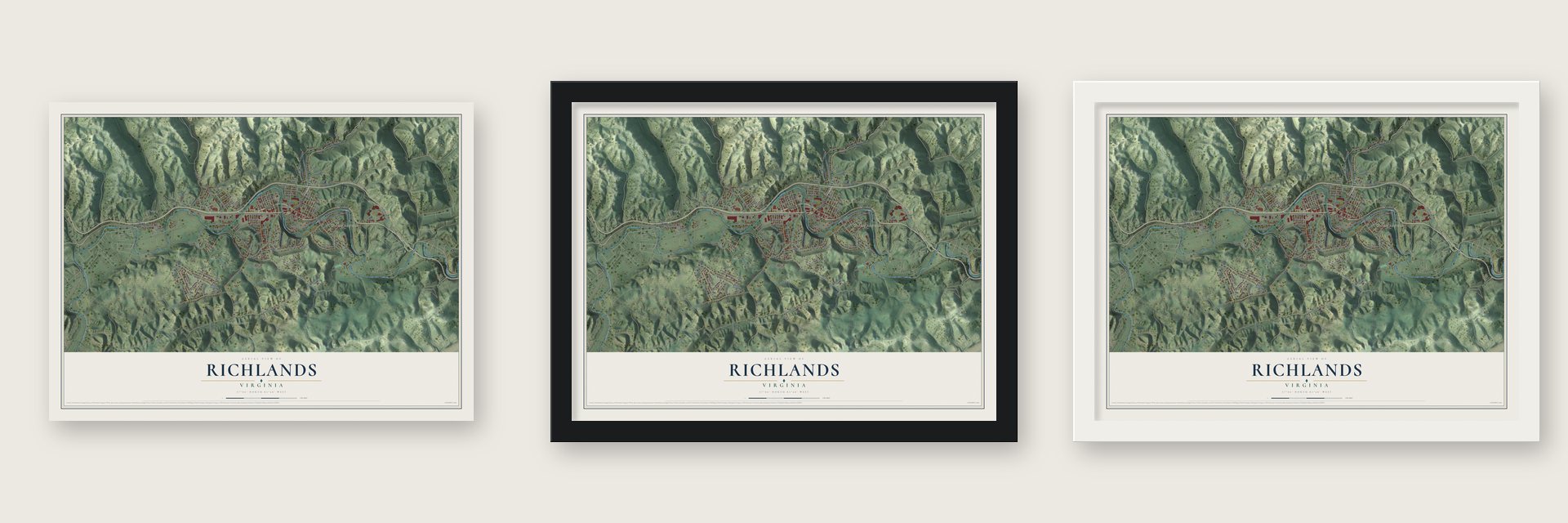 Richlands, Virginia map unframed, in a black wood frame and in a white wood frame