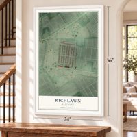 Richlawn, Kentucky map, 24 x 36 inch print in a white frame by a staircase