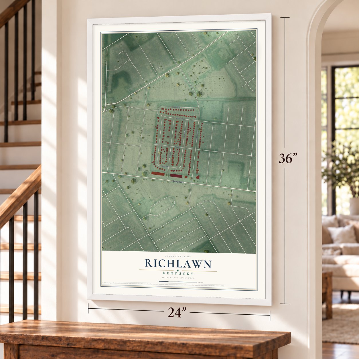 Richlawn, Kentucky map, 24 x 36 inch print in a white frame by a staircase
