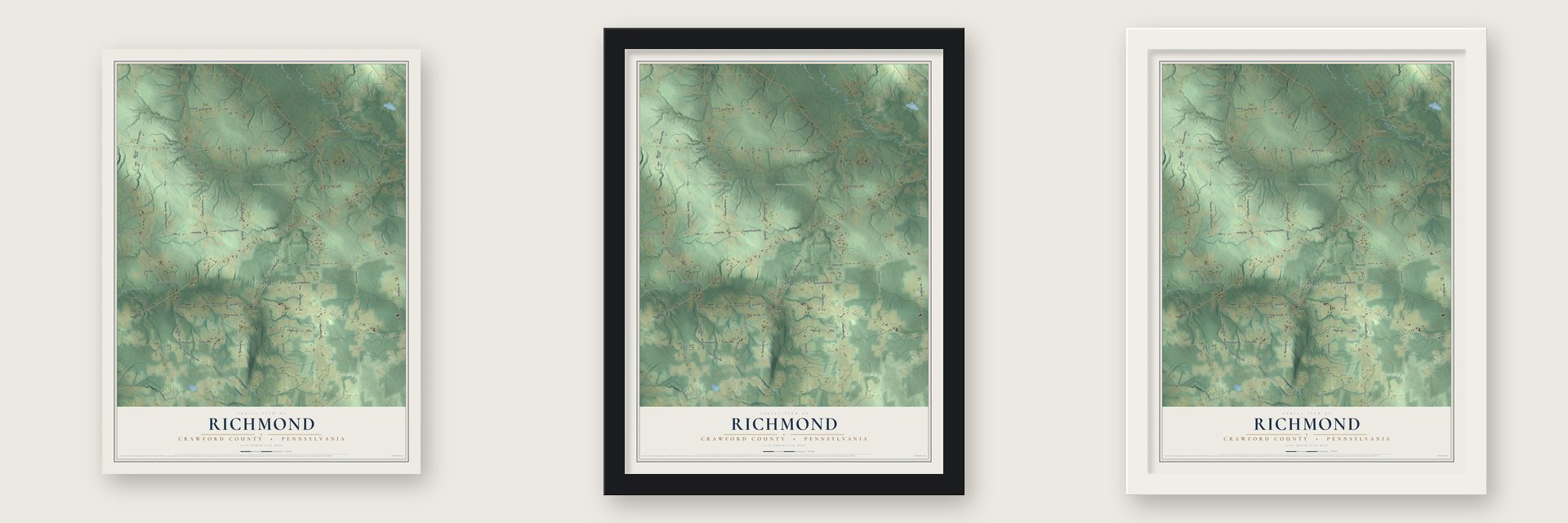 Richmond, Crawford County, Pennsylvania map unframed, in a black wood frame and in a white wood frame