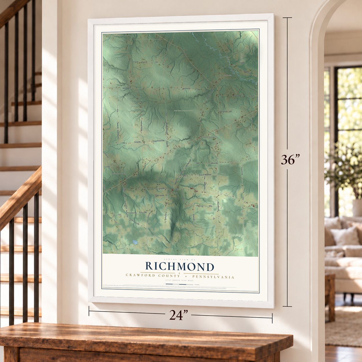 Richmond, Crawford County, Pennsylvania map, 24 x 36 inch print in a white frame by a staircase