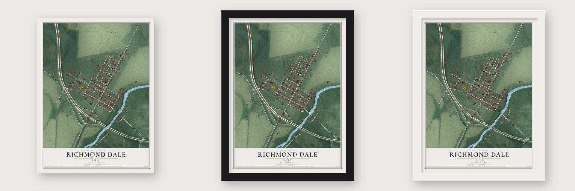 Richmond Dale, Ohio map unframed, in a black wood frame and in a white wood frame