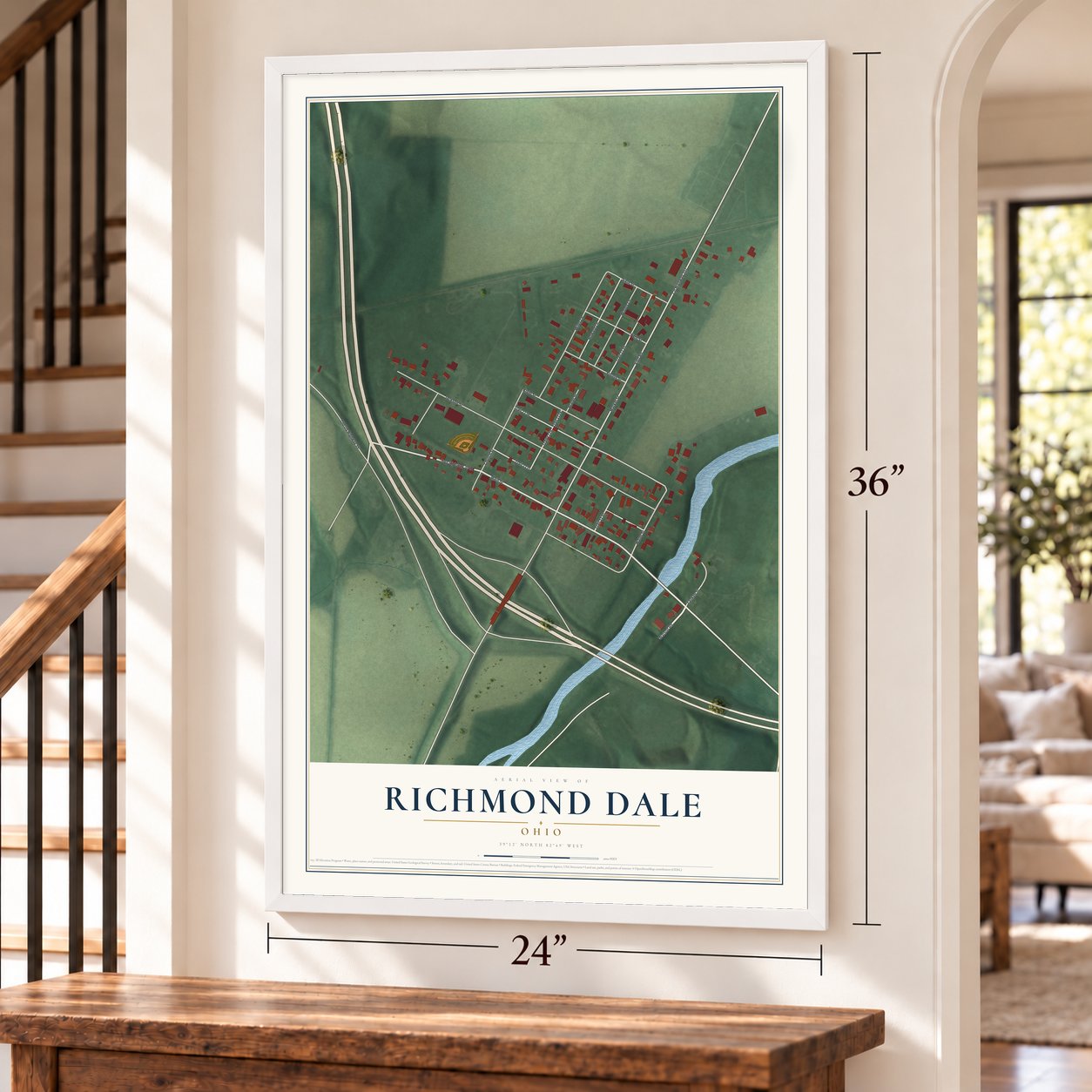 Richmond Dale, Ohio map, 24 x 36 inch print in a white frame by a staircase